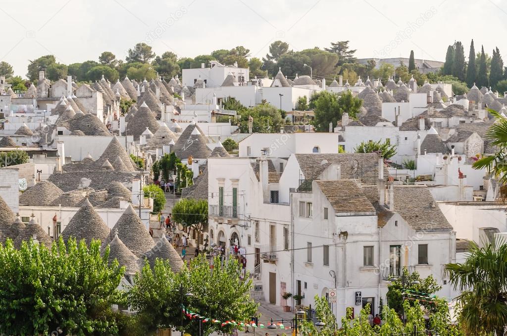 Scenic panoramic view of Alberobello and trulli buildings,Apulia