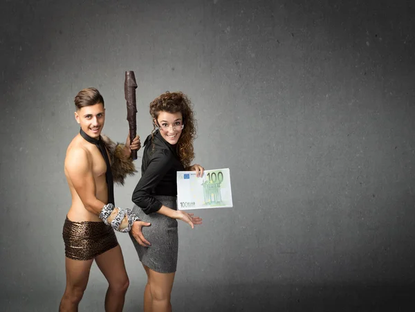 Wild man with woman and 100 euros — Stock Photo, Image