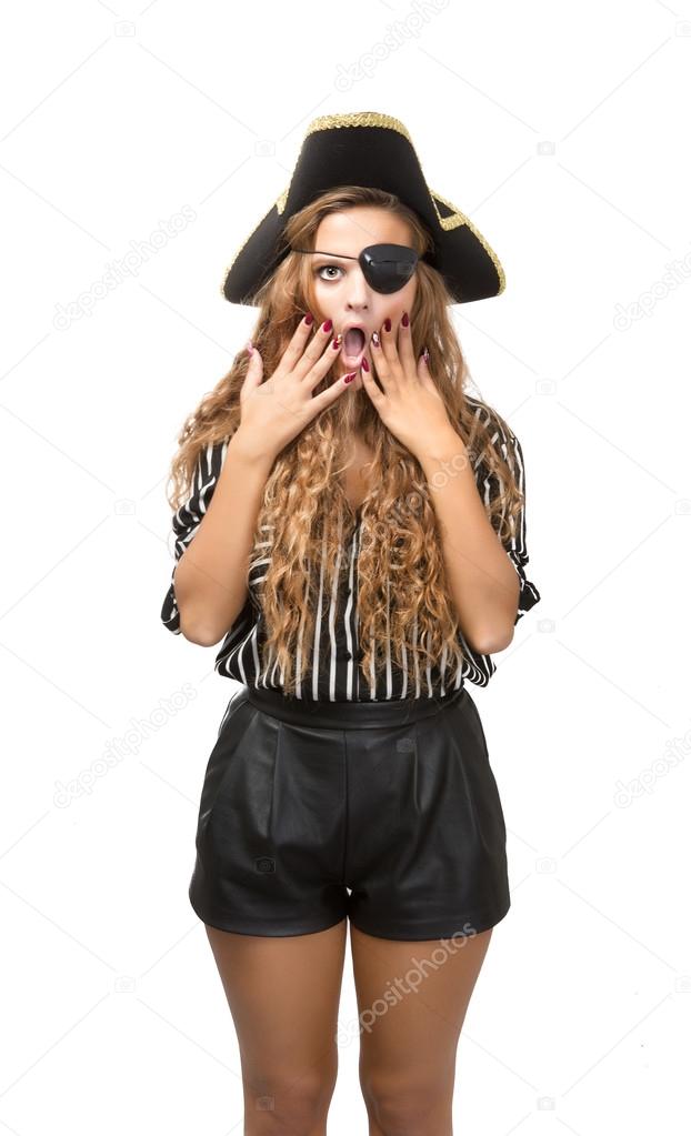 Woman pirate emotionally posing