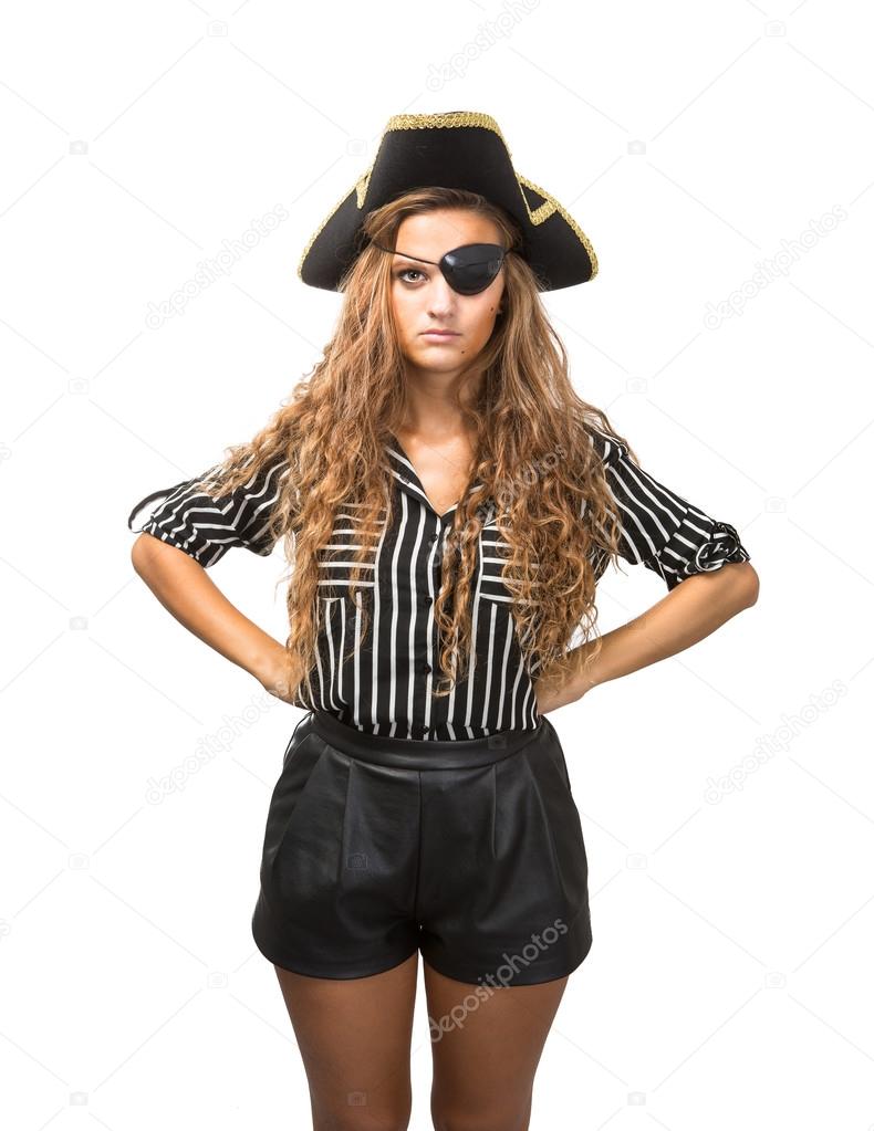 Woman pirate emotionally posing