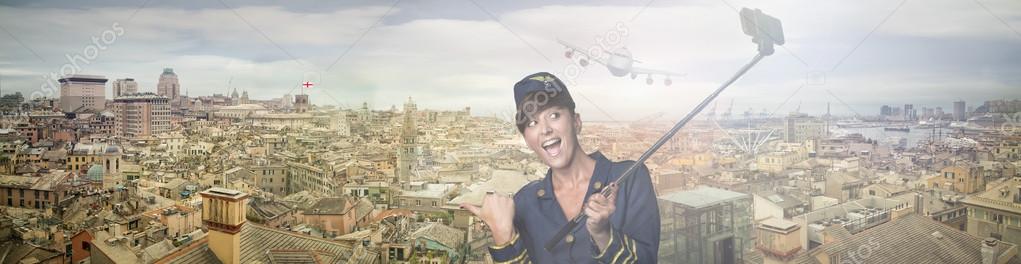 air hostess take selfie in Genoa