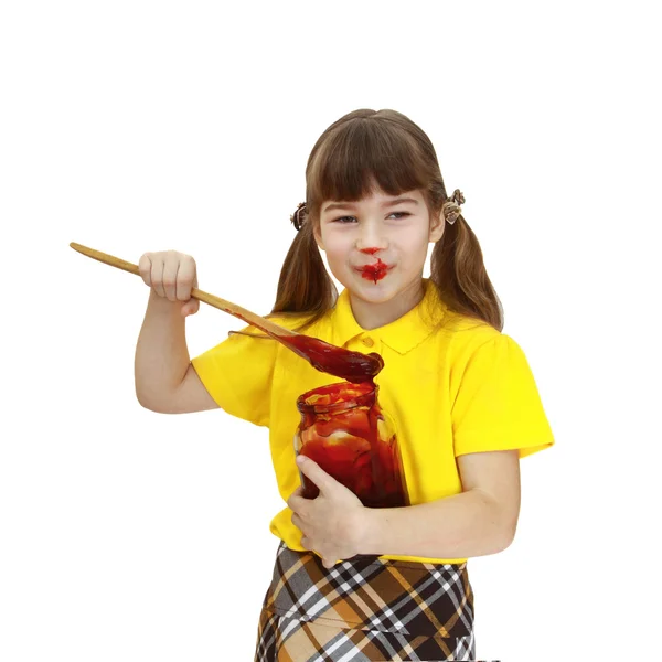 Girl with jar of jam — Stock Photo, Image