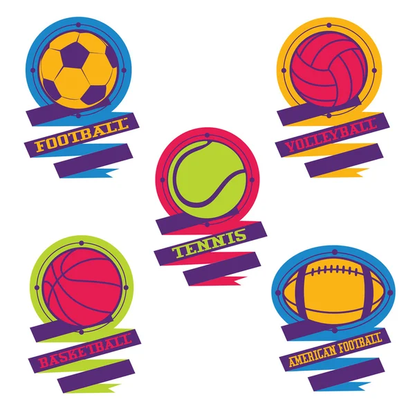Logotipos de bolas deportivas. Fútbol, voleibol, baloncesto, americano f — Vector de stock