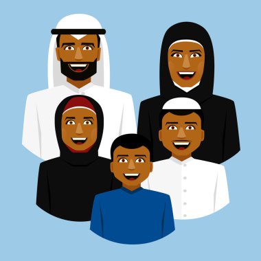 Arap aile gülümseyen, yuvarlak simge. Baba, anne, oğlu ve daughther