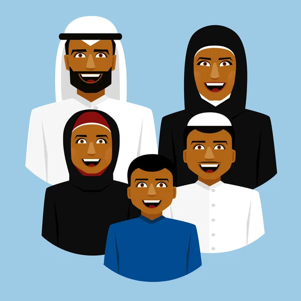 微笑的阿拉伯家庭的圆形图标。父亲、 母亲、 儿子 daughther — 图库矢量图片