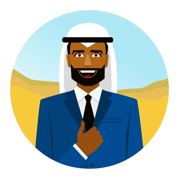 Кругла ікона з усміхненим арабським чоловіком у костюмі . — стоковий вектор