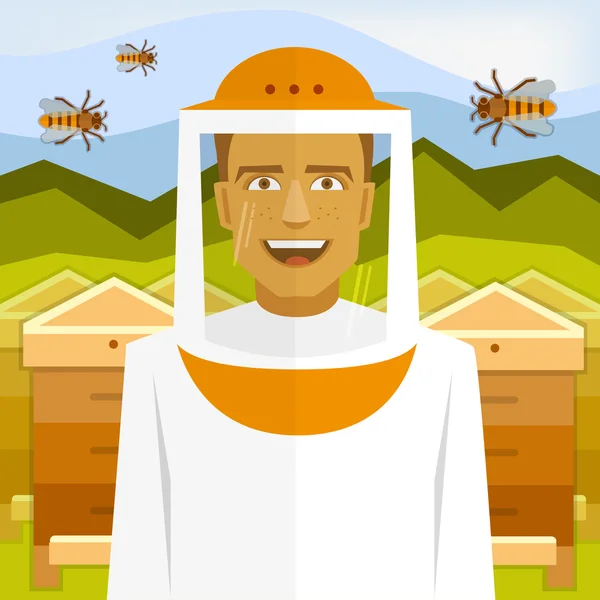 Pszczelarz uśmiechający się na pasieki pszczoły i ule. — Wektor stockowy