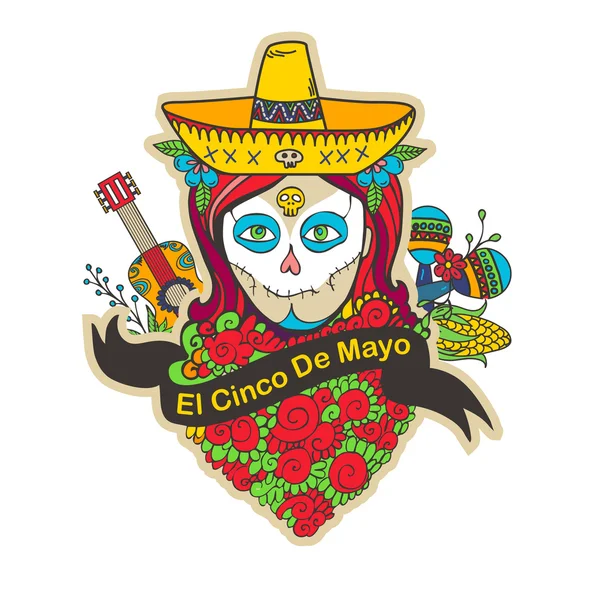 Cinco de Mayo Poster mit Totenkopf Mädchen in Sombrero, Maracas und Gitarre — Stockvektor