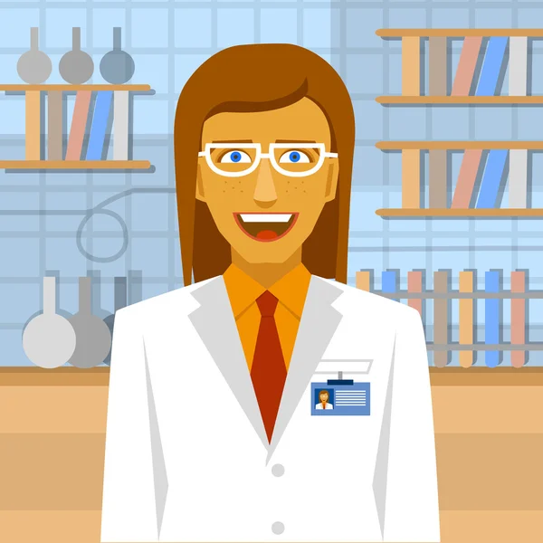Mosolyogva laboratóriumi háttérben női biokémikus. Tudós koncepció — Stock Vector