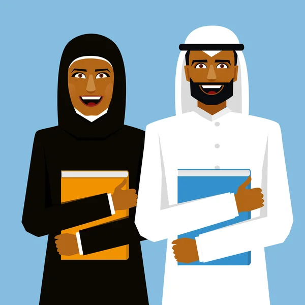 Des étudiants arabes souriants. Femme et homme avec des livres . — Image vectorielle