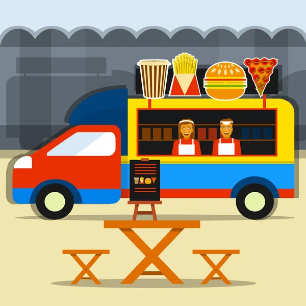Lastbil matfestival. Gatan livsmedel lastbil med säljaren och sittplatser områden. — Stock vektor