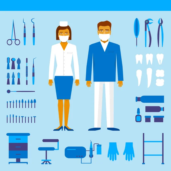 Zubaři mužů a žen v kostýmu. Sada zubař nástroje zařízení — Stockový vektor