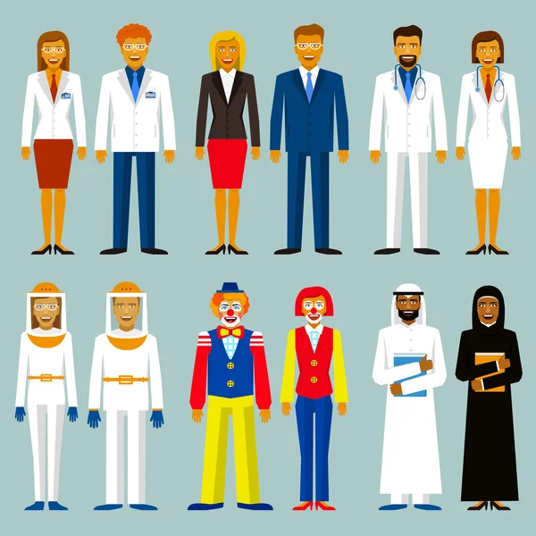 직업의 집합입니다. 사람들 몇입니다. 양 봉, bussinesman, 과학자, 의사, 서커스, 아랍 남자와 여자. — 스톡 벡터