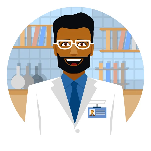 Científico árabe sonriente en laboratorio en un emblema redondo . Vectores de stock libres de derechos