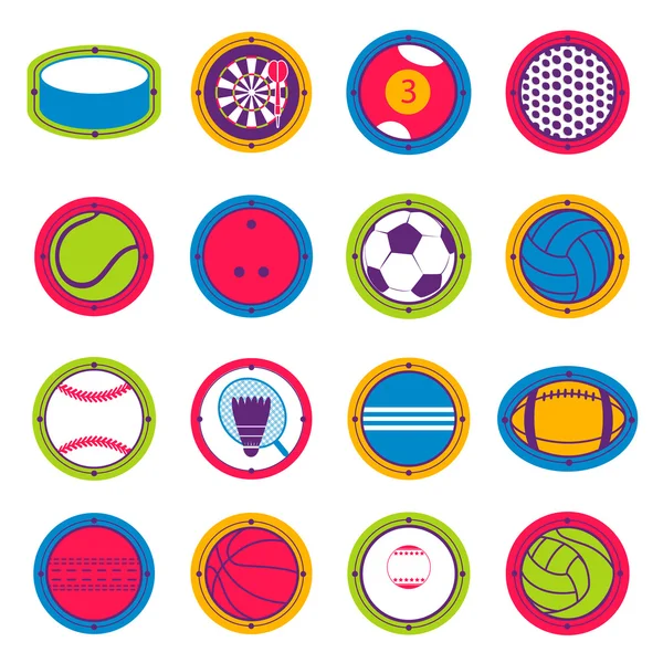 Színes sport labdák. Labdarúgás, kosárlabda, golf, röplabda, jégkorong, Amerikai, tenisz, biliárd, baseball, bowling, krikett, krokett, tollaslabda, darts, ping-pong — Stock Vector