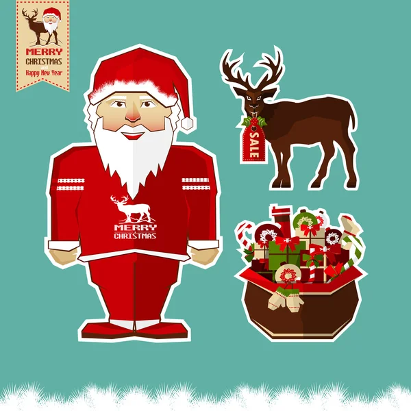 Jul klistermärken med Santa, rådjur och gåvor. — Stock vektor