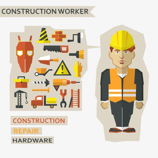 Platt design. Frilansande infographic. Byggnadsarbetare med verktyg och material för reparation och tillverkning. — Stock vektor