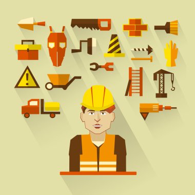 Düz tasarım. Serbest Infographic. İnşaat işçisi araçları ve onarım ve İnşaat malzemeleri.