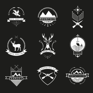Set of  hunting, camping, fishing, armory and shooter's logo, em clipart