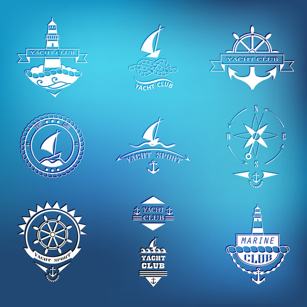 Set of yacht club logos on blurred background.