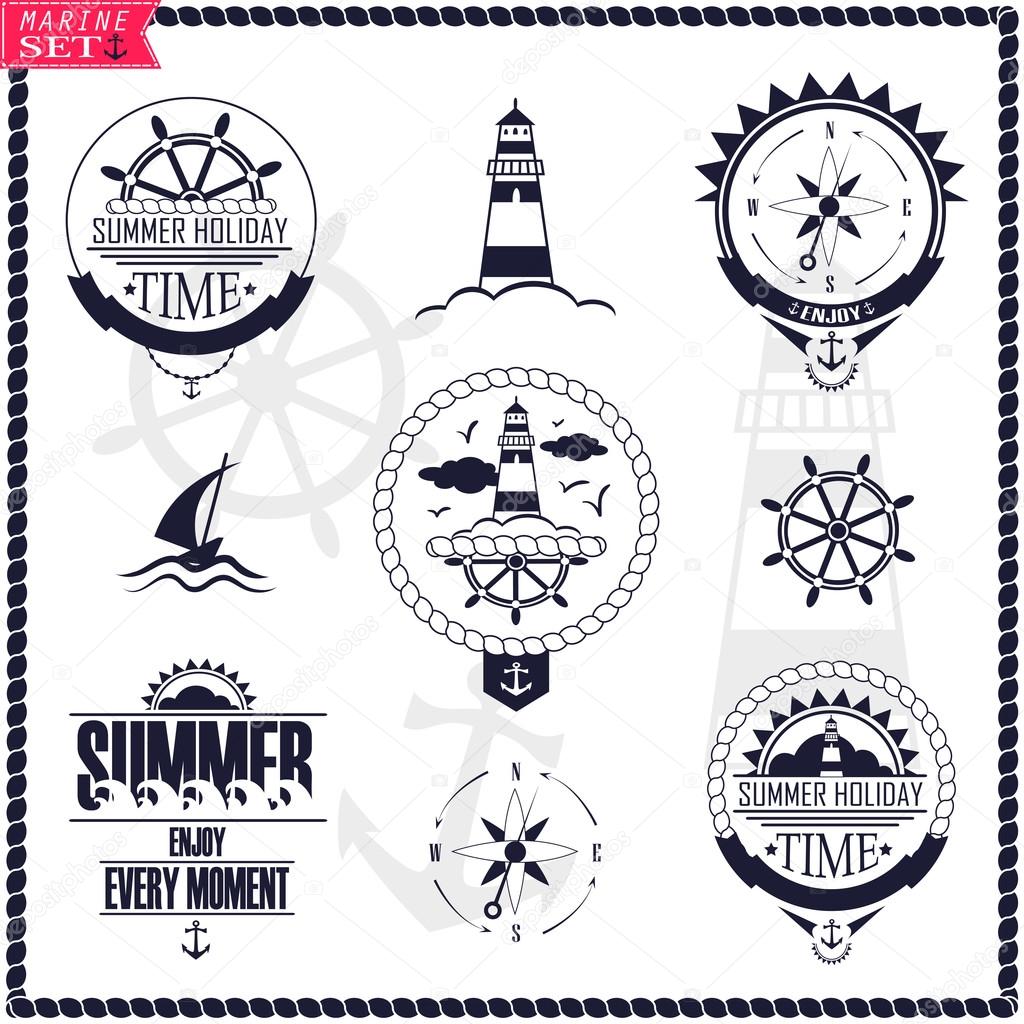 Set of vintage marine logos. Vector logotypes and badges with yacht, wheel, lighthouse and wind rose