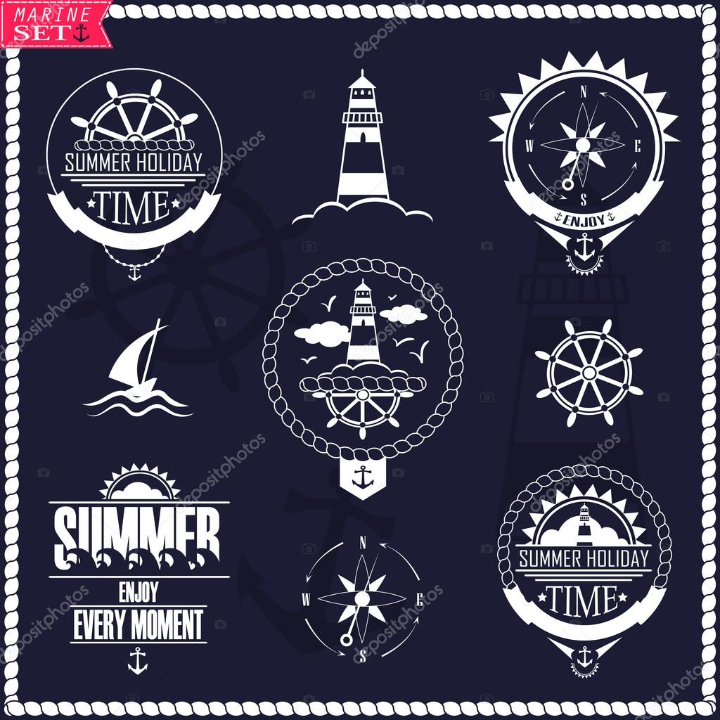 Set of vintage marine logos. Vector logotypes and badges with yacht, wheel, lighthouse and wind rose