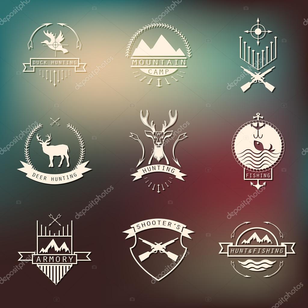 Set of camping and  hunting logos. Mountain camp,fishing, deer hunting, shooters club labels, badges