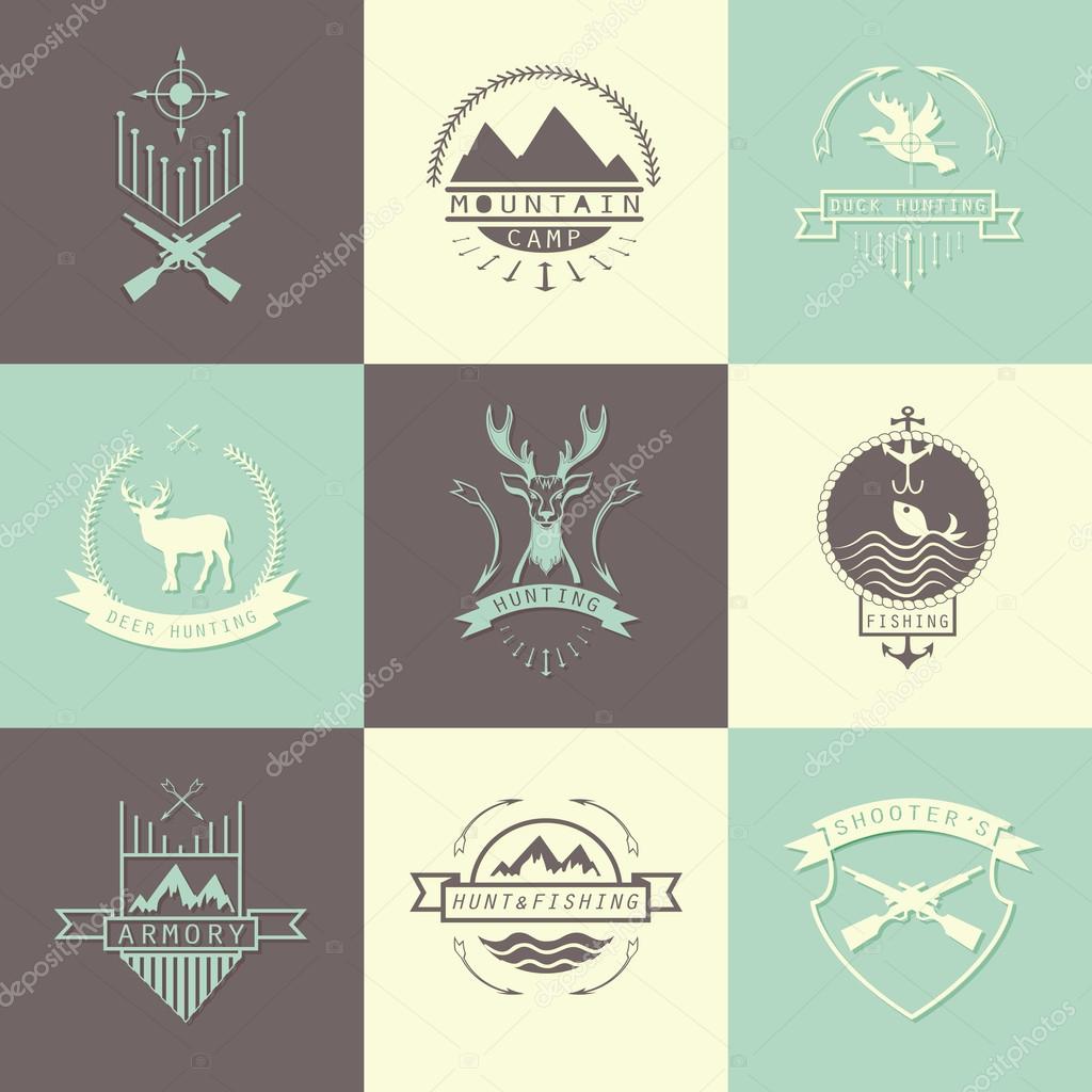 Set of camping and  hunting logos. Mountain camp,fishing, deer hunting, shooters club labels, badges