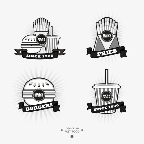 Set de fast-food, logo-uri de junk food cu panglică. Cartofi prăjiți, burger, dr. — Vector de stoc