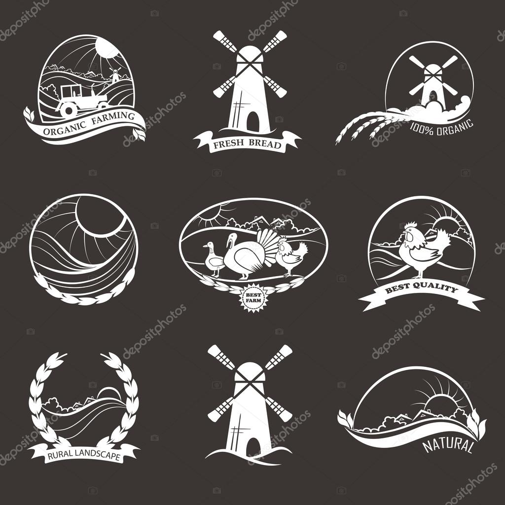 Set of rural landscape, farming, organic food and bread logos, emblem, labels