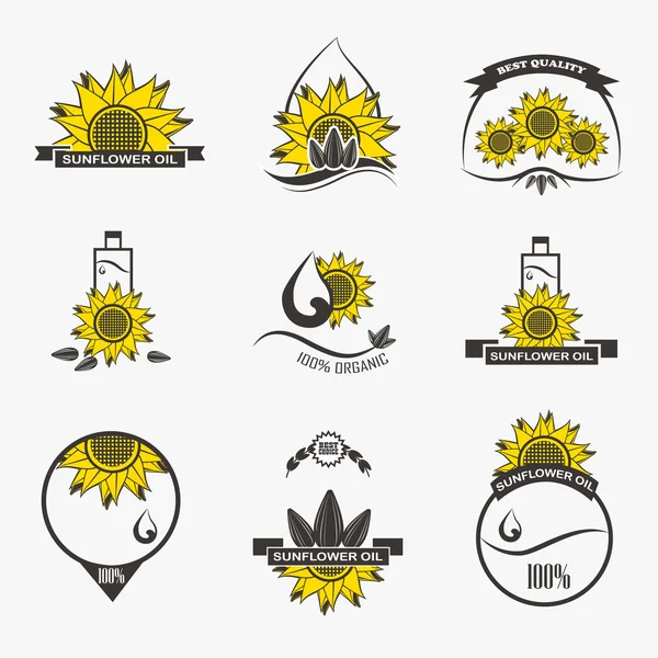 Ensemble d'emblèmes d'huile de tournesol, étiquettes, logos — Image vectorielle