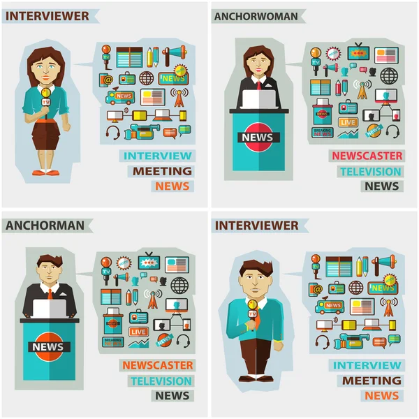 Set van beroepen. Anchorman, interviewer, anchorwoman. — Stockvector