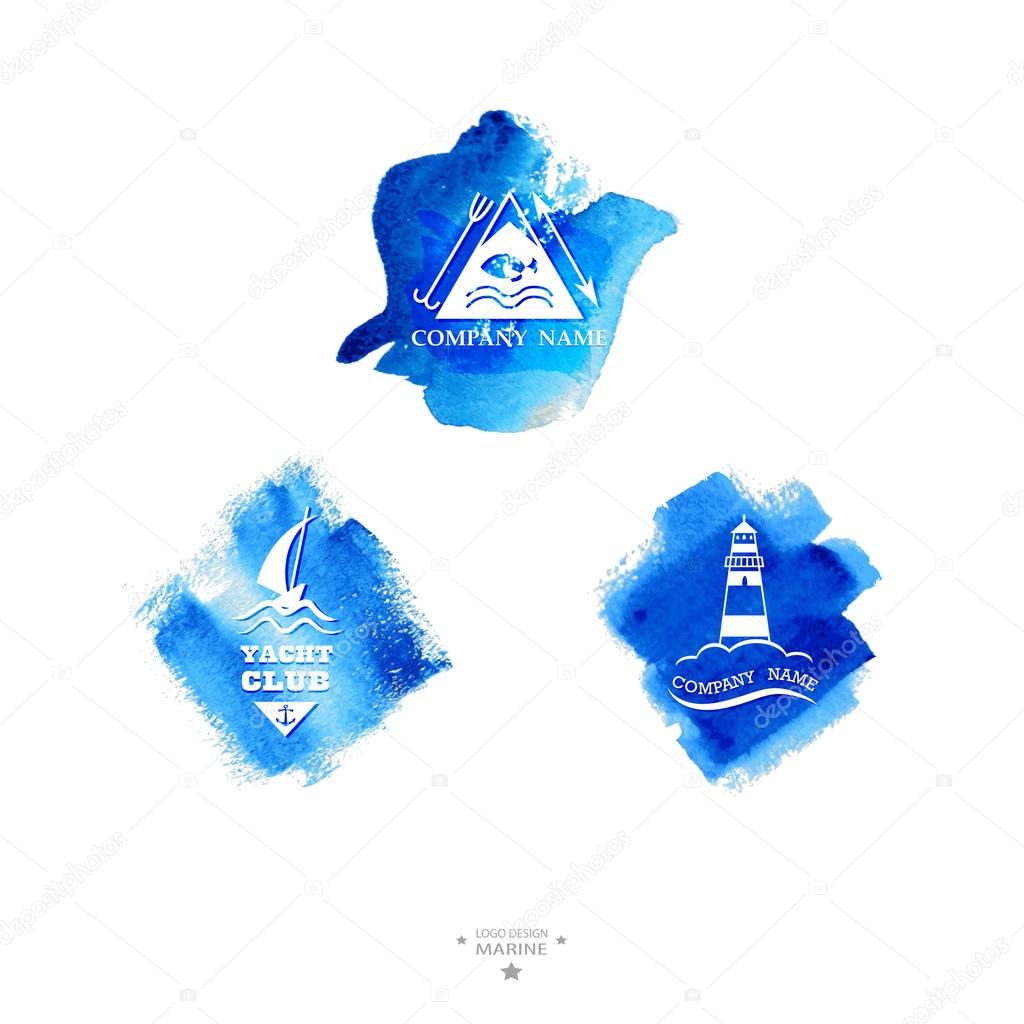 Set of yacht club logo. Watercolor