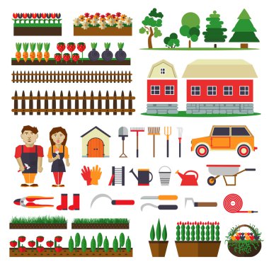 Bahçe Bitkileri için öğeleri kümesi. Çiftlik bina, ekici, Bahçe