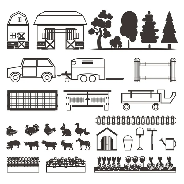 Set of elements for farm. Farm building, animals, plants, vegeta — Stock Vector