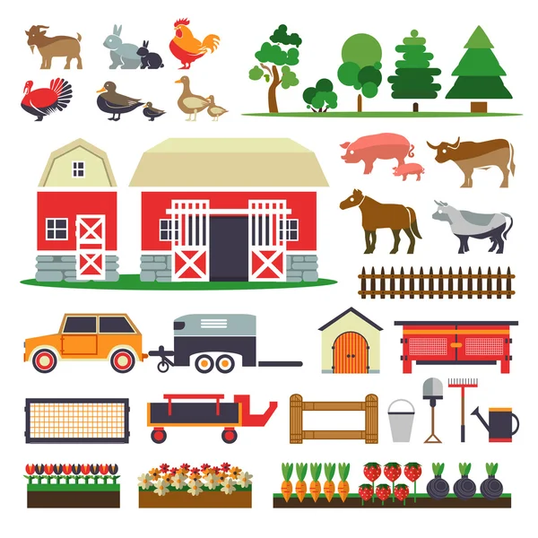 Ensemble d'éléments pour la ferme. Bâtiment agricole, animaux, plantes, légumes — Image vectorielle