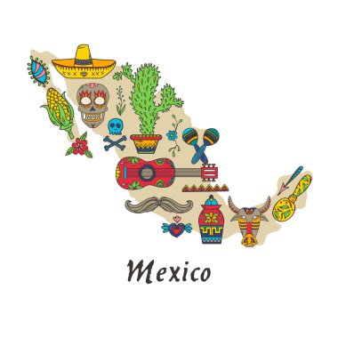Harita Meksika geleneksel ve kültürel öğeleri kümesi.