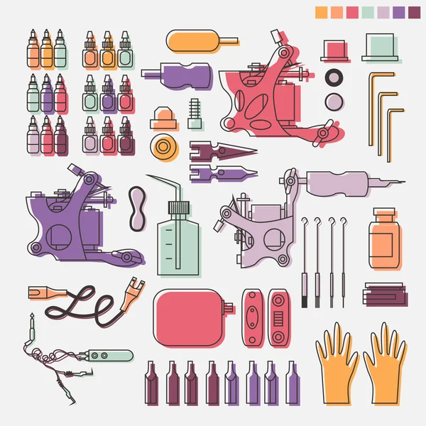 Kit de tatuagem e equipamento colorido . — Vetor de Stock