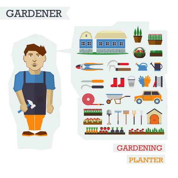 Set of elements for horticulture with gardener. Farm building, p — Stock Vector