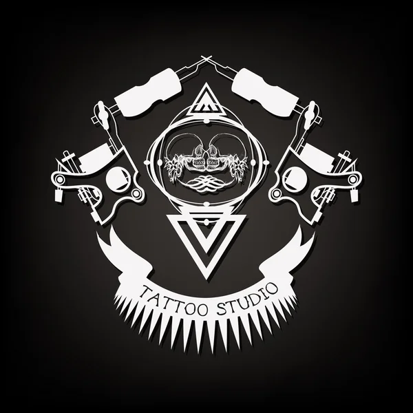Logo du magasin de tatouage, emblème. Deux crânes avec rubans et kit de tatouage . — Image vectorielle