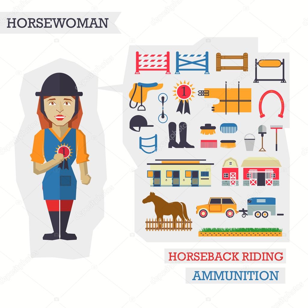 Set of elements for horseback riding with horsewoman.