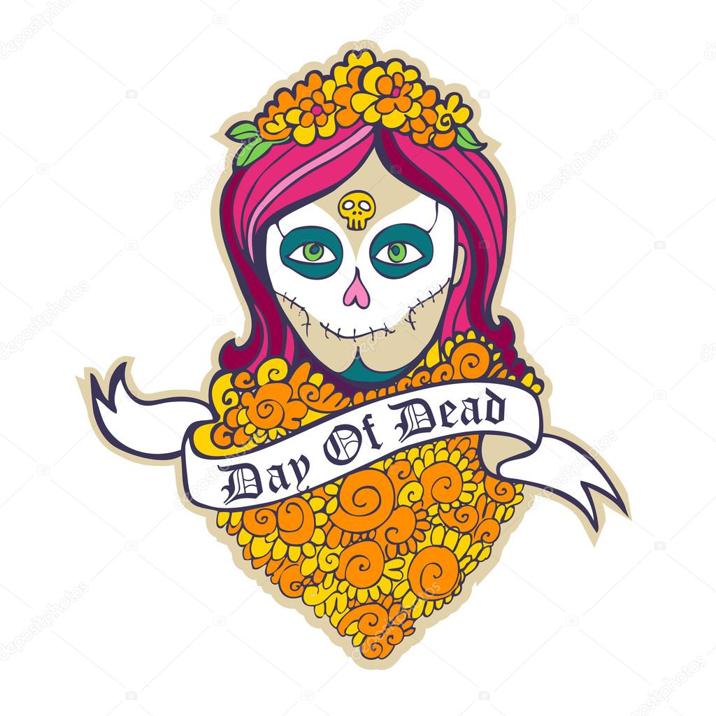 Day of dead skull girl with marigold.