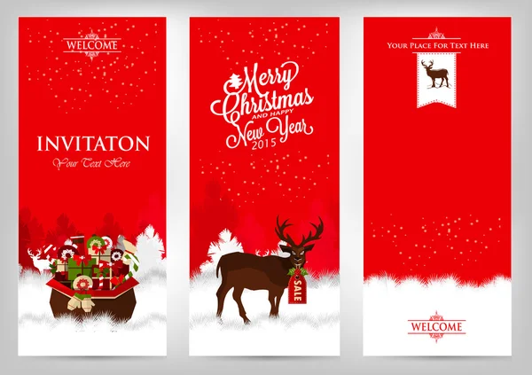 Merry Christmas and Happy New Year. Invitation cards with deer a — Stock Vector