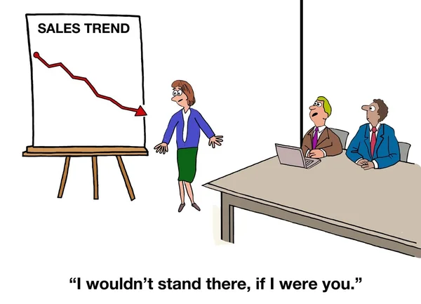 Caricature d'entreprise montrant un graphique avec une tendance négative des ventes — Photo