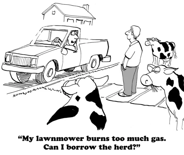 Kreslený o použití krávy sekat trávu — Stock fotografie