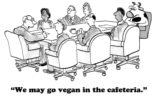 Business cartoon about going vegan in the company cafeteria