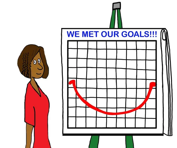 Mosolygó Afro Amerikai Mellett Chart Amely Azt Mutatja Célok Teljesültek — Stock Fotó