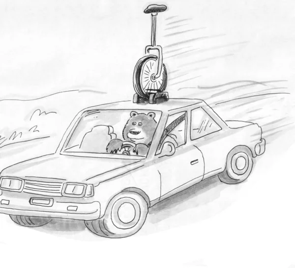 サーカスクマは車のユニサイクルで高速道路を運転します — ストック写真