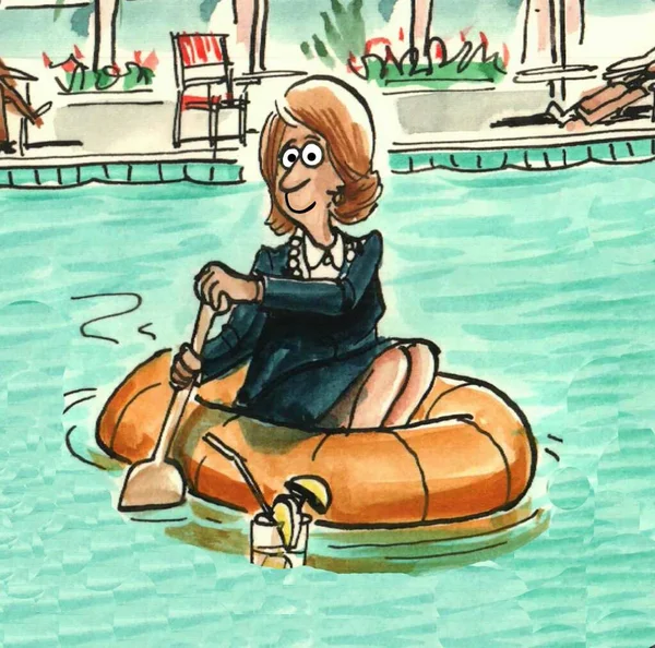 ビジネスマンはリゾートプールを渡って彼女のインターチューブを漕いでいる — ストック写真
