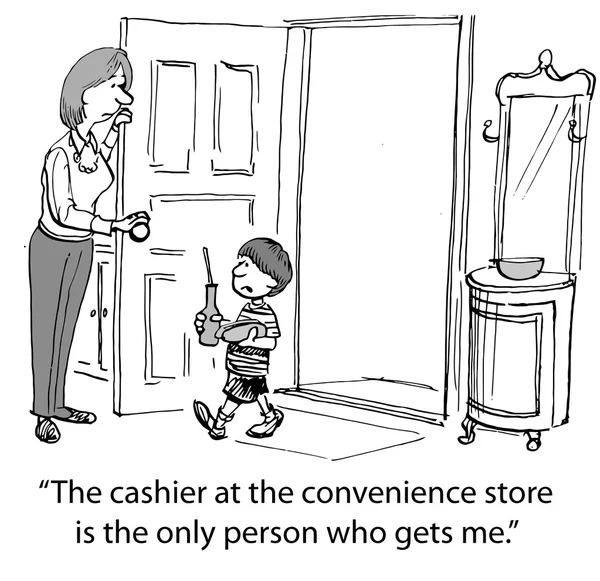 The cashier understands her son. — Stockvector